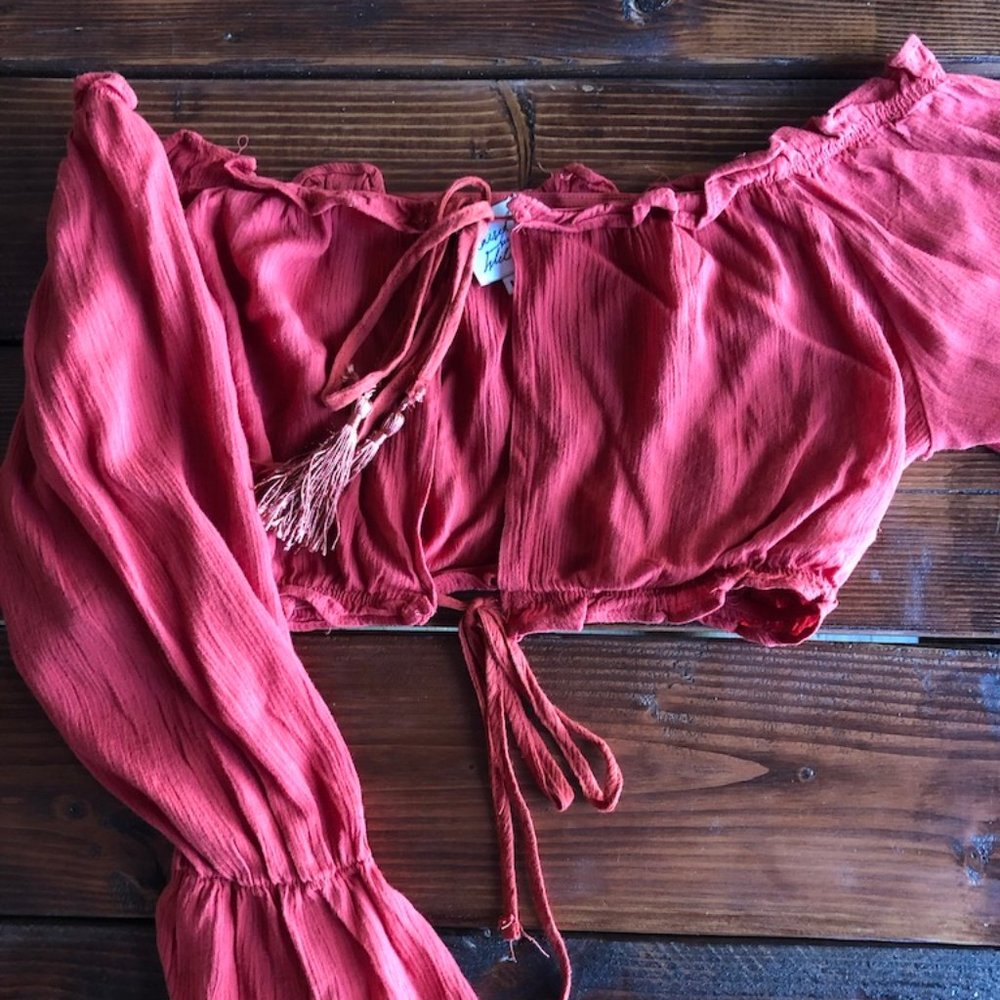 Raised by Wild Red Long Sleeve Crop Top Blouse